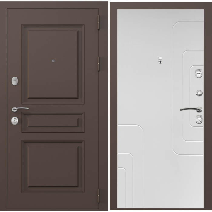 Входная дверь Зелар Евро 2, RAL 8019(штамп 2) коричневый классика, снилк сноу №151