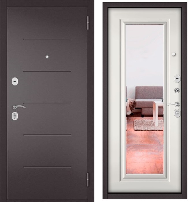 Входная дверь в квартиру с зеркалом HOME ECO металл RL-3 Букле шоколад, отделка 140 mirror (Белый софт)