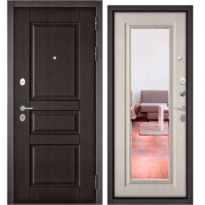 Входная дверь в квартиру с зеркалом Зелар Зелар-Оптима Дуб шоколад - 2, Ларче бьянко - 140 зеркало