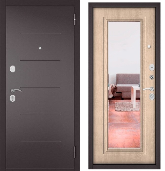 Входная дверь в квартиру с зеркалом HOME ECO металл RL-3 Букле шоколад, отделка 140 mirror (Дуб крем)