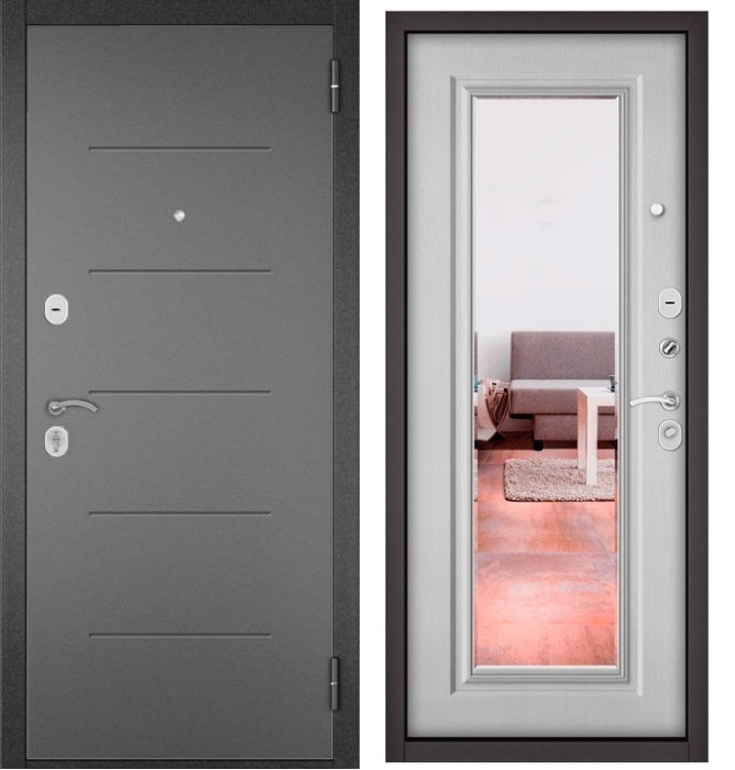 Входная дверь в квартиру с зеркалом TRUST ECO металл RL-3 Букле график, отделка 140 mirror (Дуб белый матовый)