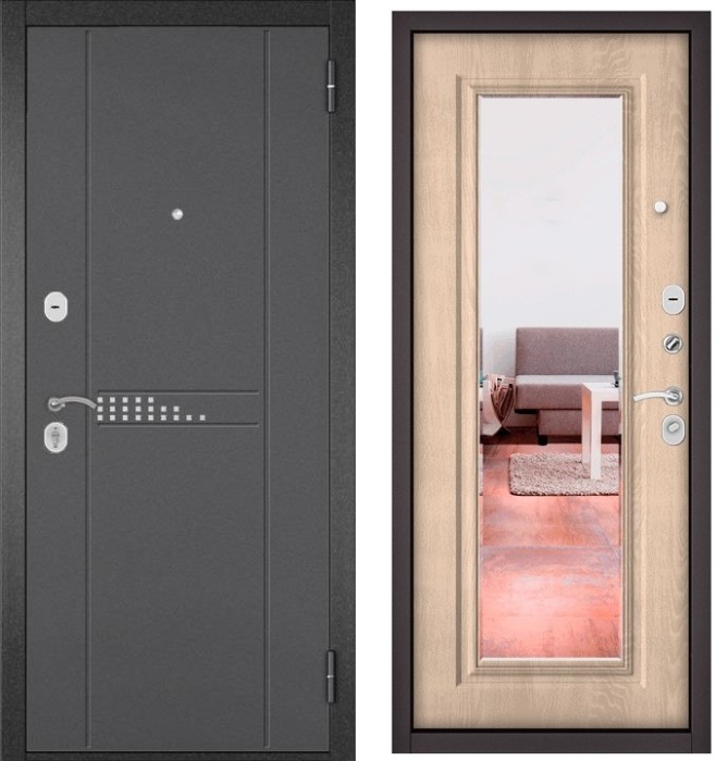 Входная дверь в квартиру с зеркалом HOME ECO металл RL-10 Букле графит, отделка 140 mirror (Дуб крем)