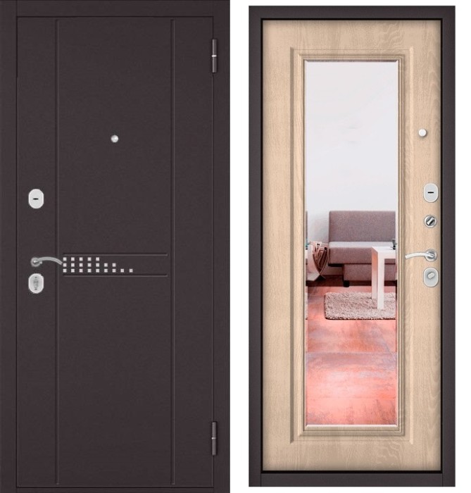 Входная дверь в квартиру с зеркалом HOME ECO металл RL-10 Букле шоколад, отделка 140 mirror (Дуб крем)