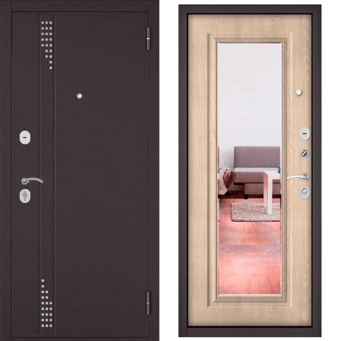 Входная дверь в квартиру с зеркалом HOME ECO металл RL-11 Букле шоколад, отделка 140 mirror (Дуб крем)
