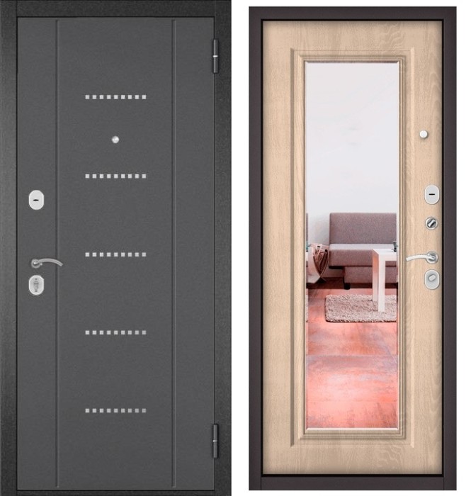 Входная дверь в квартиру с зеркалом HOME ECO металл RL-12 Букле графит, отделка 140 mirror (Дуб крем)