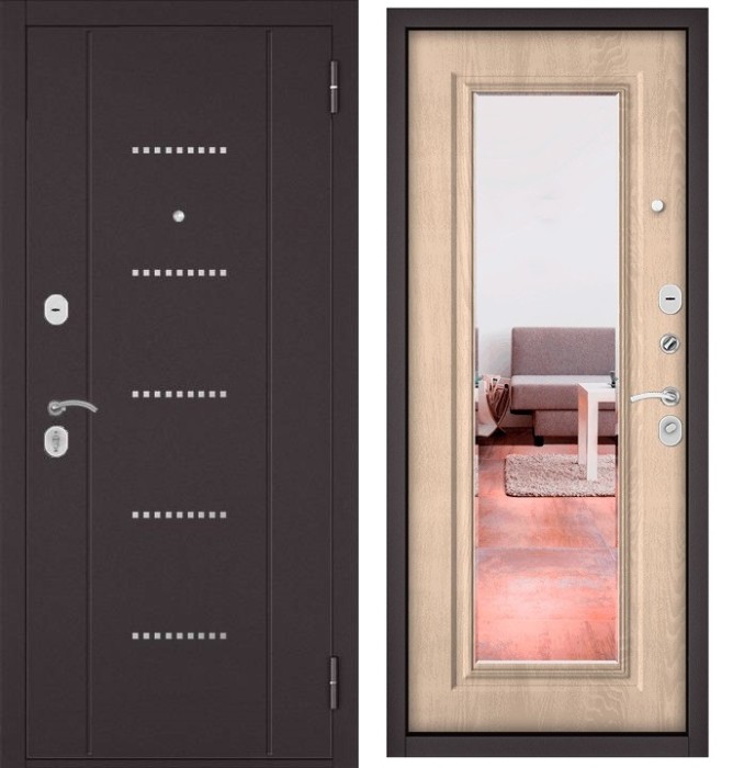 Входная дверь в квартиру с зеркалом HOME ECO металл RL-12 Букле шоколад, отделка 140 mirror (Дуб крем)