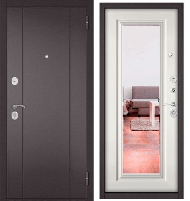 Входная дверь в квартиру с зеркалом TRUST ECO металл RL-1 Букле шоколад, отделка 140 mirror (Белый софт)