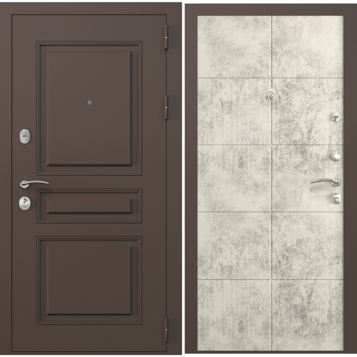 Входная дверь Зелар Евро 2, RAL 8019(штамп 2) коричневый классика, бетон светлый №155
