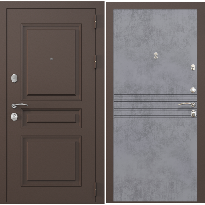 Входная дверь Зелар Евро 2, RAL 8019(штамп 2) коричневый классика, бетон темный №150
