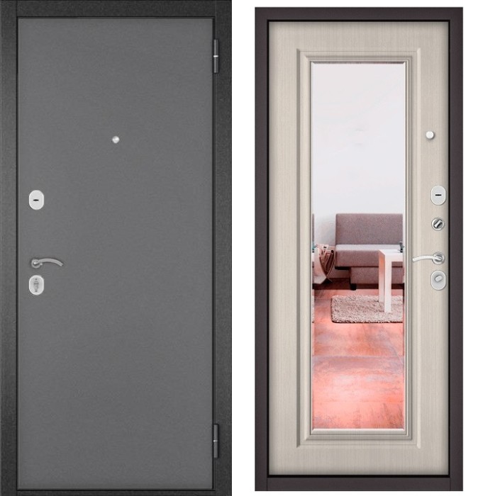 Входная дверь в квартиру с зеркалом TRUST ECO металл 100 Букле графит, отделка 140 mirror (Ларче бьянко)