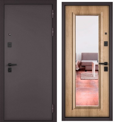 Входная дверь в квартиру с зеркалом CITY PRIME STANDART Букле шоколад, МДФ отделка 140 mirror CSmart (Дуб шале натуральный)