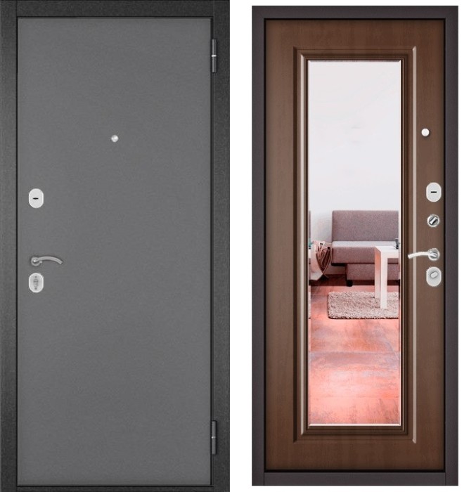 Входная дверь в квартиру с зеркалом TRUST ECO металл 100 Букле графит, отделка 140 mirror (Карамель)