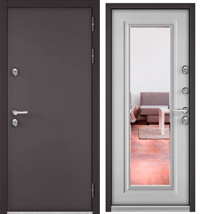Входная дверь с терморазрывом в дом TERMO STANDART Букле шоколад, МДФ отделка с зеркалом 140 (Дуб белый скандинавский)