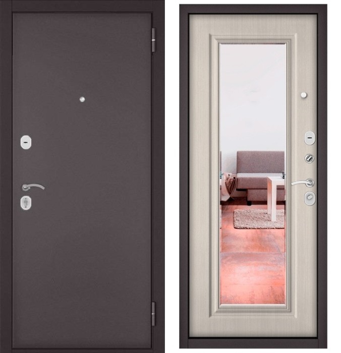 Входная дверь в квартиру с зеркалом TRUST ECO металл 100 Букле шоколад, отделка 140 mirror (Ларче бьянко)