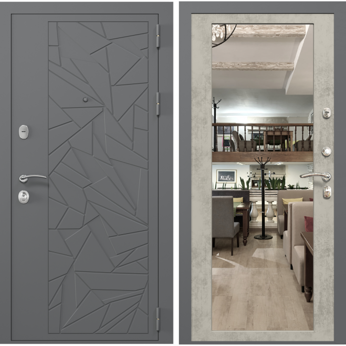 Входная дверь в квартиру с зеркалом Зелар Евро 2, RAL 7012   серые осколки, бетон светлый ФЛЗ-70