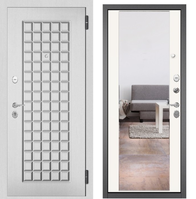 Входная дверь в квартиру с зеркалом FAMILY MASS МДФ 112 Дуб белый матовый, отделка МДФ 164 (Белый софт)