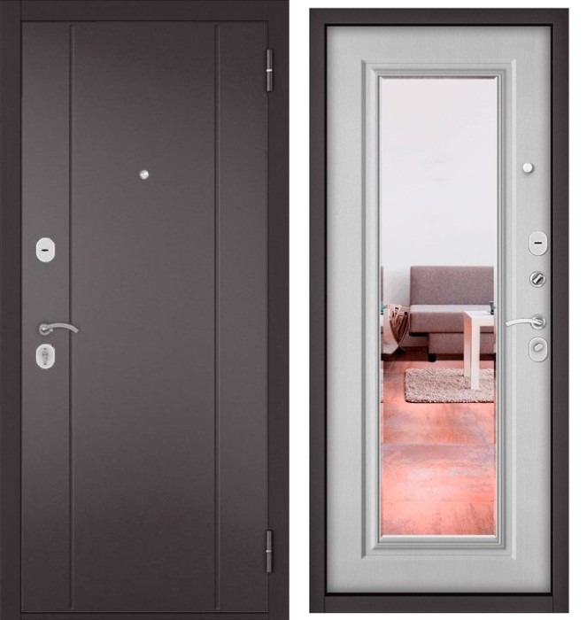 Входная дверь в квартиру с зеркалом HOME ECO металл RL-1 Букле шоколад, отделка 140 mirror (Дуб белый матовый)