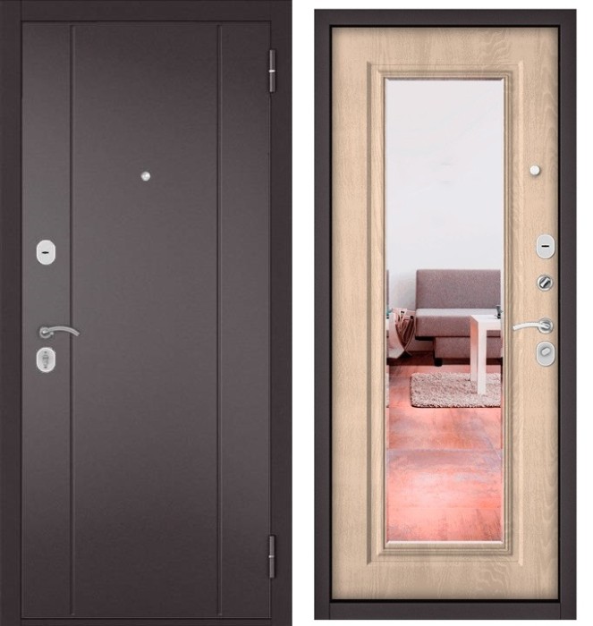Входная дверь в квартиру с зеркалом TRUST ECO металл RL-1 Букле шоколад, отделка 140 mirror (Дуб крем)