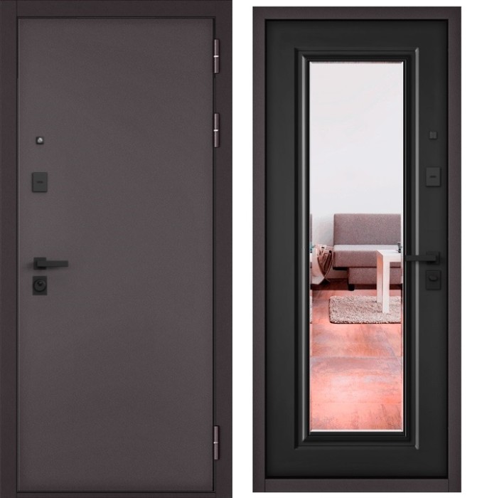 Входная дверь в квартиру с зеркалом CITY PRIME STANDART Букле шоколад, МДФ отделка 140 mirror CSmart (Черный матовый)