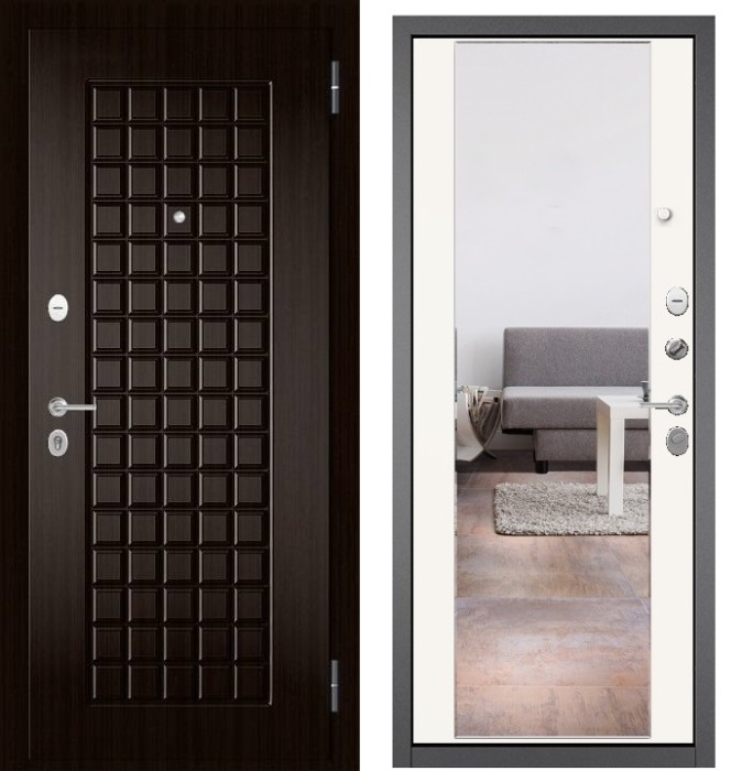 Входная дверь в квартиру с зеркалом FAMILY MASS МДФ 112 Ларче шоколад, отделка МДФ 164 (Белый софт)