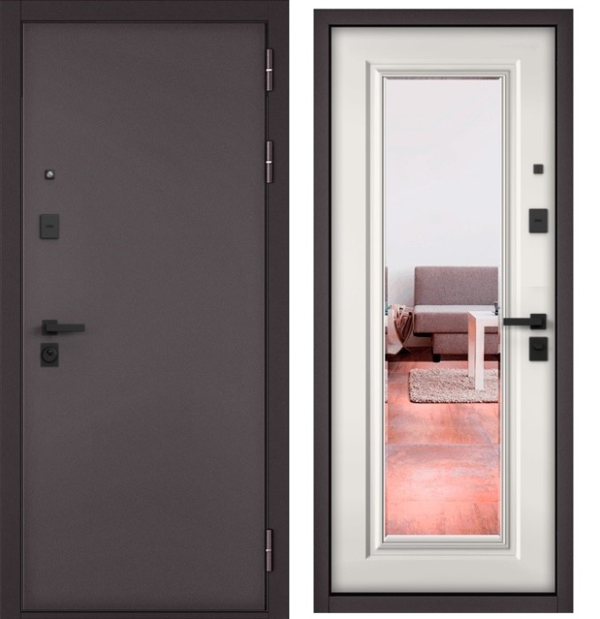 Входная дверь в квартиру с зеркалом CITY PRIME STANDART Букле шоколад, МДФ отделка 140 mirror CSmart (Белый матовый)