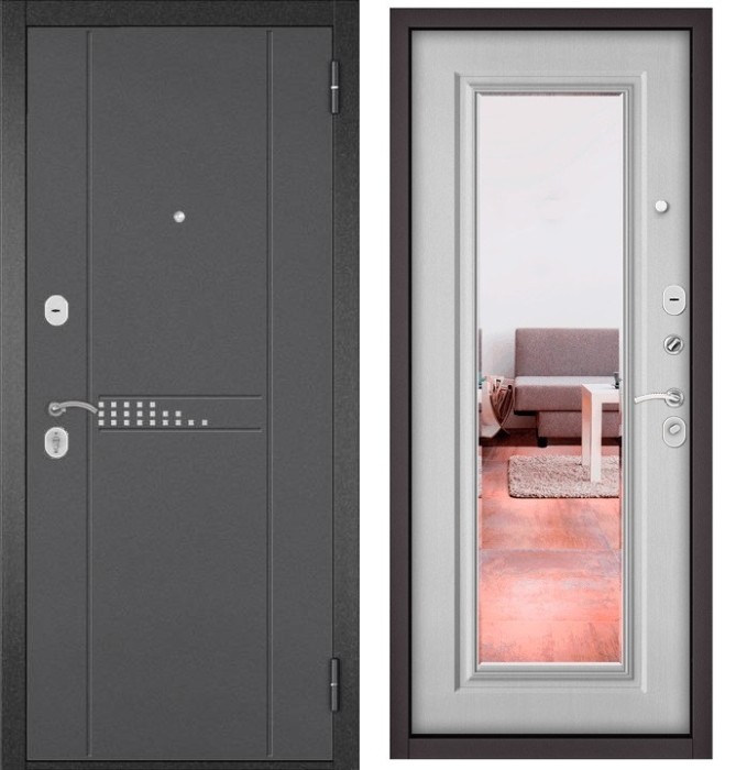 Входная дверь в квартиру с зеркалом HOME ECO металл RL-10 Букле графит, отделка 140 mirror (Дуб белый матовый)