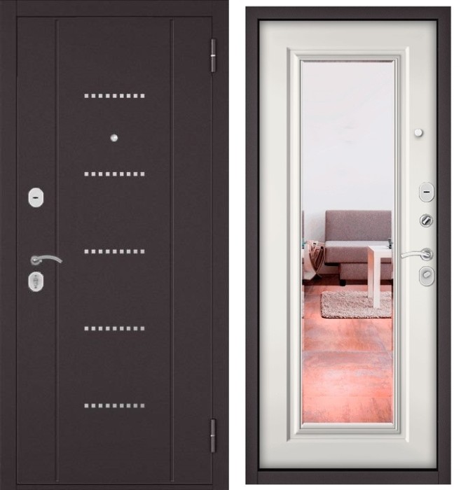 Входная дверь в квартиру с зеркалом TRUST ECO металл RL-12 Букле шоколад, отделка 140 mirror (Белый софт)