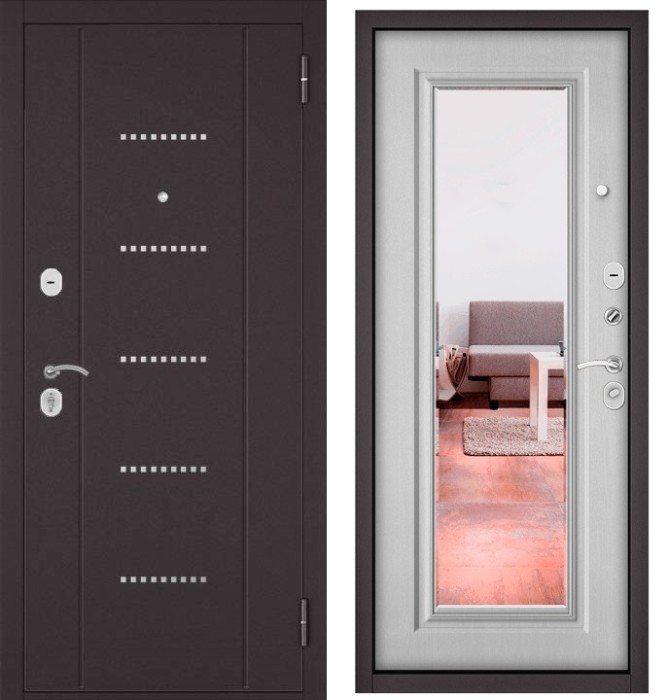 Входная дверь в квартиру с зеркалом TRUST ECO металл RL-12 Букле шоколад, отделка 140 mirror (Дуб белый матовый)