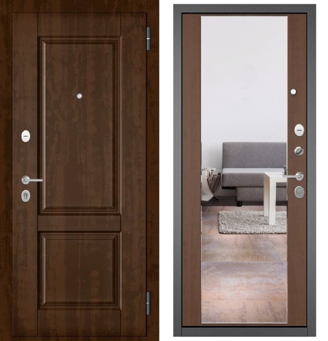 Входная дверь в квартиру с зеркалом FAMILY MASS МДФ D-1 Орех грецкий, отделка 164 (Карамель)
