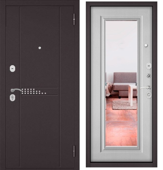 Входная дверь в квартиру с зеркалом HOME ECO металл RL-10 Букле шоколад, отделка 140 mirror (Дуб белый матовый)