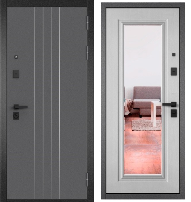 Входная дверь в квартиру с зеркалом CITY PRIME D-8 CSmart Букле антрацит, МДФ отделка 140 mirror CSmart (Дуб белый скандинавский)