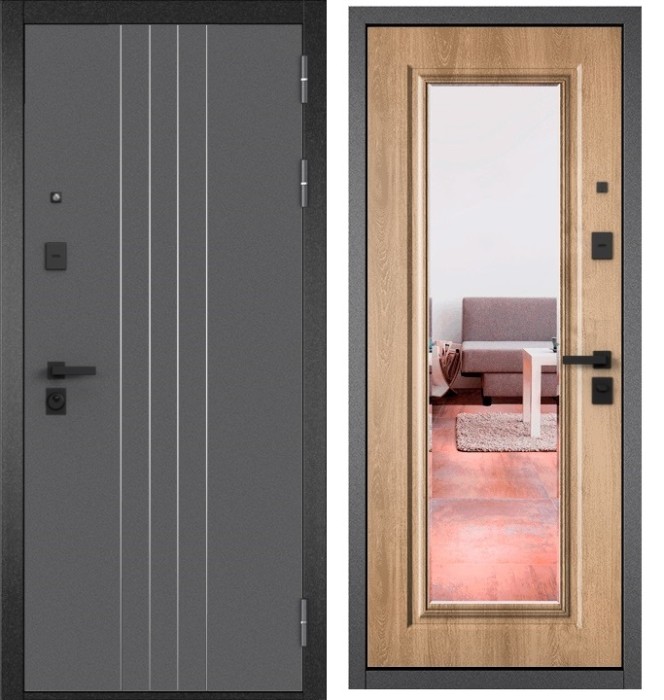 Входная дверь в квартиру с зеркалом CITY PRIME D-8 CSmart Букле антрацит, МДФ отделка 140 mirror CSmart (Дуб шале натуральный)