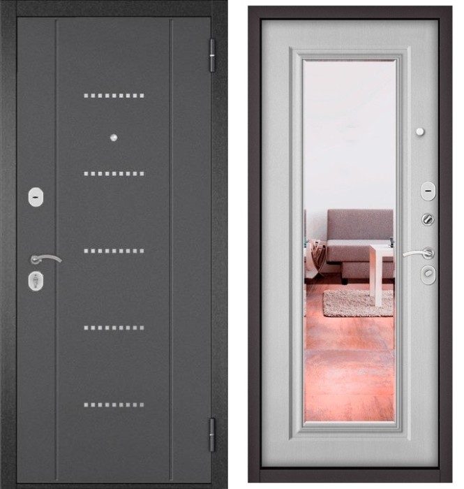 Входная дверь в квартиру с зеркалом TRUST ECO металл RL-12 Букле графит, отделка 140 mirror (Дуб белый матовый)