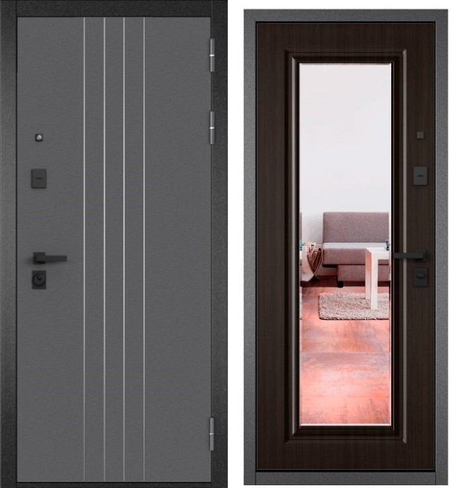 Входная дверь в квартиру с зеркалом CITY PRIME D-8 CSmart Букле антрацит, МДФ отделка 140 mirror CSmart (Ларче шоколад)