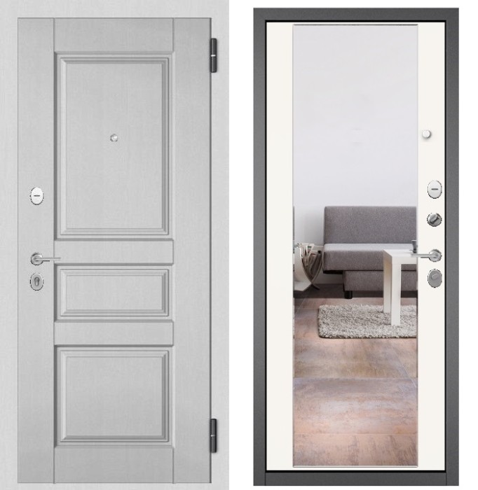 Входная дверь в квартиру с зеркалом FAMILY MASS МДФ D-2 Дуб белый матовый, отделка 164 (Белый софт)
