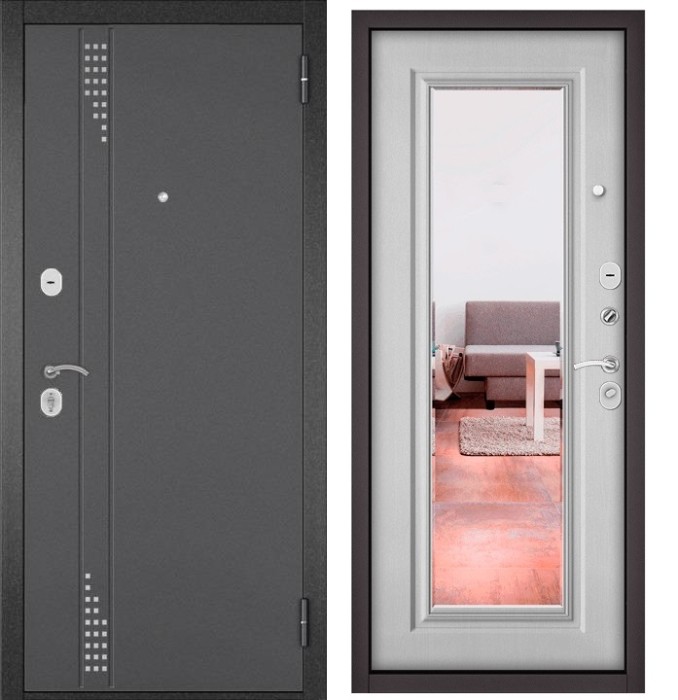 Входная дверь в квартиру с зеркалом HOME ECO металл RL-11 Букле графит, отделка 140 mirror (Дуб белый матовый)