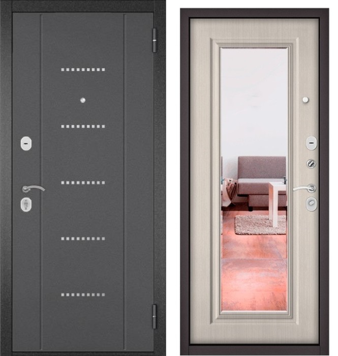 Входная дверь в квартиру с зеркалом TRUST ECO металл RL-12 Букле графит, отделка 140 mirror (Ларче бьянко)
