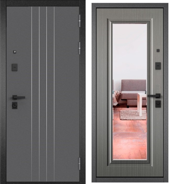 Входная дверь в квартиру с зеркалом CITY PRIME D-8 CSmart Букле антрацит, МДФ отделка 140 mirror CSmart (Орех пепельный)