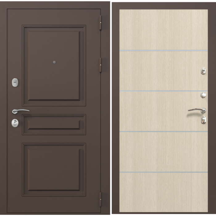 Входная дверь Зелар Евро 2, RAL 8019(штамп 2) коричневый классика, лиственница беж молдинг №11