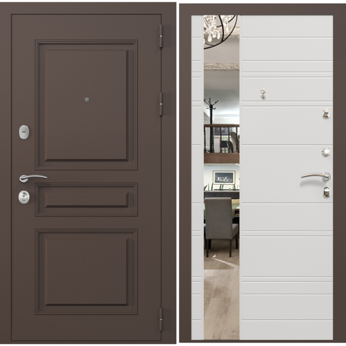 Входная дверь в квартиру с зеркалом Зелар Евро 2, RAL 8019(штамп 2) коричневый классика, снилк сноу ФЛЗ-41