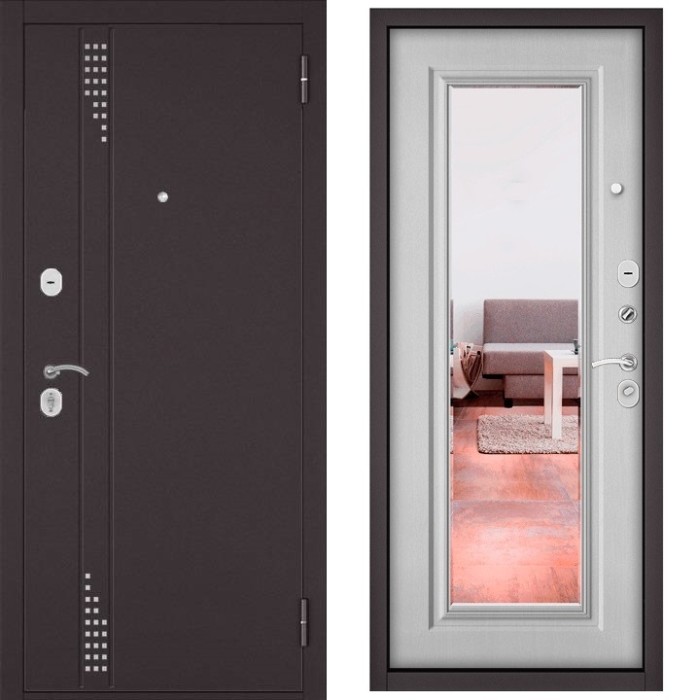 Входная дверь в квартиру с зеркалом TRUST ECO металл RL-11 Букле шоколад, отделка 140 mirror (Дуб белый матовый)
