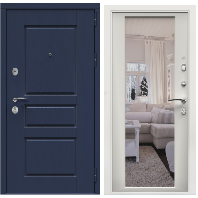 Входная дверь в квартиру с зеркалом Зелар Евро 3, РоялВуд Синий № 149, белый матовый ФЛЗ-70