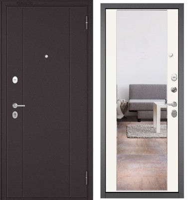 Входная дверь в квартиру с зеркалом FAMILY MASS металл RL-1 Букле шоколад, отделка МДФ 164 (Белый софт)
