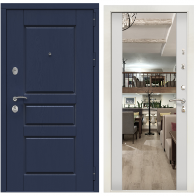 Входная дверь в квартиру с зеркалом Зелар Евро 3, РоялВуд Синий № 149, силк сноу ФЛЗ-42