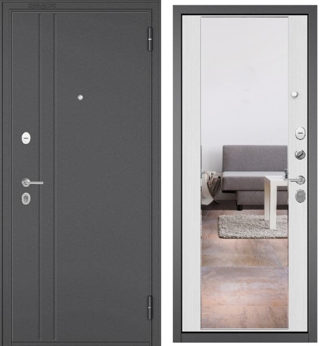 Входная дверь в квартиру с зеркалом FAMILY MASS металл RL-2 Букле графит, отделка МДФ 64 (Ларче белый)