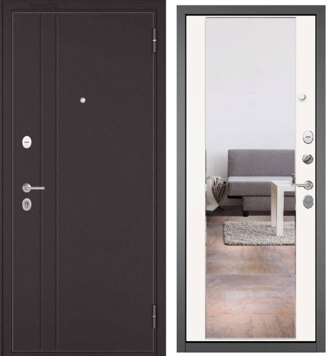 Входная дверь в квартиру с зеркалом FAMILY MASS металл RL-2 Букле шоколад, отделка МДФ 164 (Белый софт)