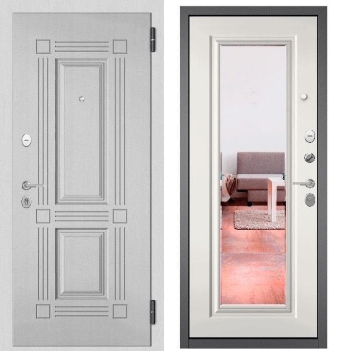 Входная дверь в квартиру с зеркалом FAMILY ECO МДФ 104 Дуб белый матовый, отделка 140 mirror (Белый софт)