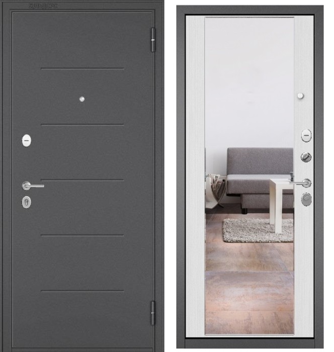Входная дверь в квартиру с зеркалом FAMILY MASS металл RL-3 Букле графит, отделка МДФ 164 (Ларче белый)