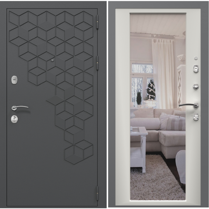 Входная дверь в квартиру с зеркалом Зелар Евро 2, RAL 7016 (штамп1) темно серый гексагон, белый матовый ФЛЗ-70