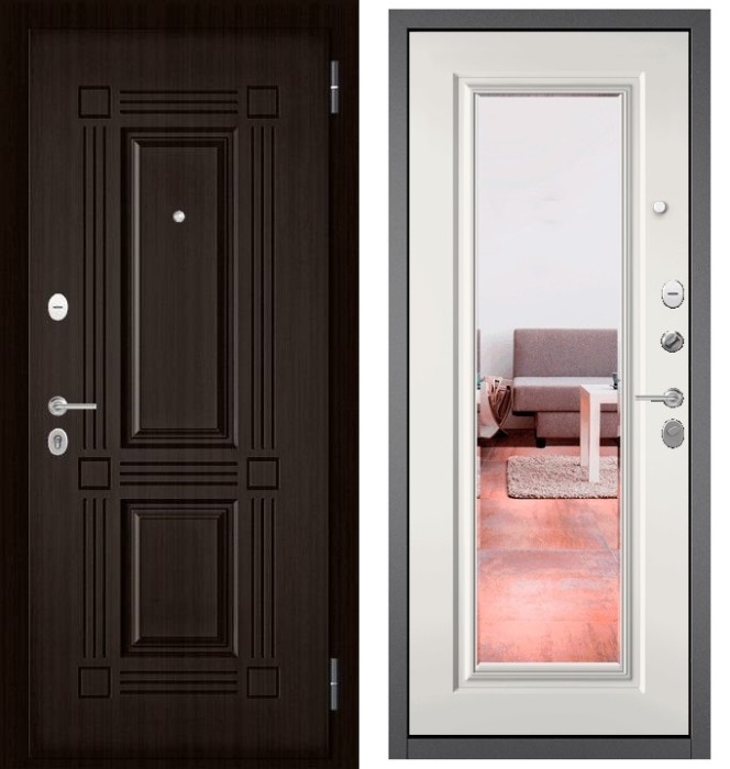 Входная дверь в квартиру с зеркалом FAMILY ECO МДФ 104 Ларче шоколад, отделка 140 mirror (Белый софт)